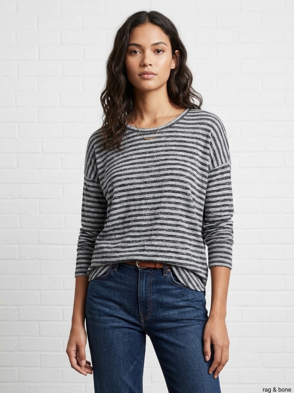 rag & bone The Knit Striped Long Sleeve Tee Heather Gray Black Slouchy S